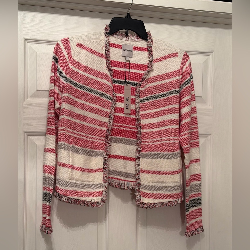 NWT Nic+Zoe white and red multi stripe fringe knit jacket cardigan Large